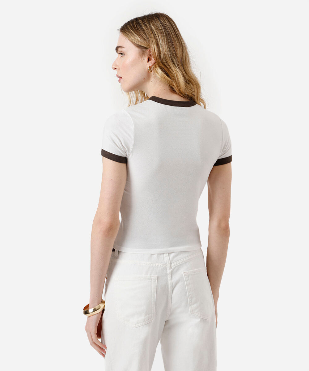 blusa baby look feminina de algodão básica bicolor off white