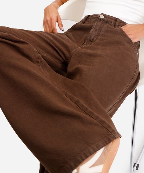 calça skater feminina de sarja cintura média marrom