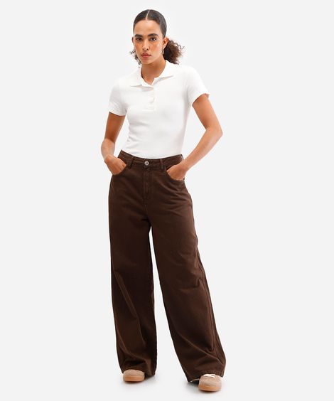 calça skater feminina de sarja cintura média marrom