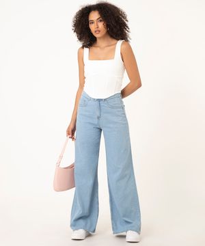 calça wide leg jeans feminina cintura alta azul