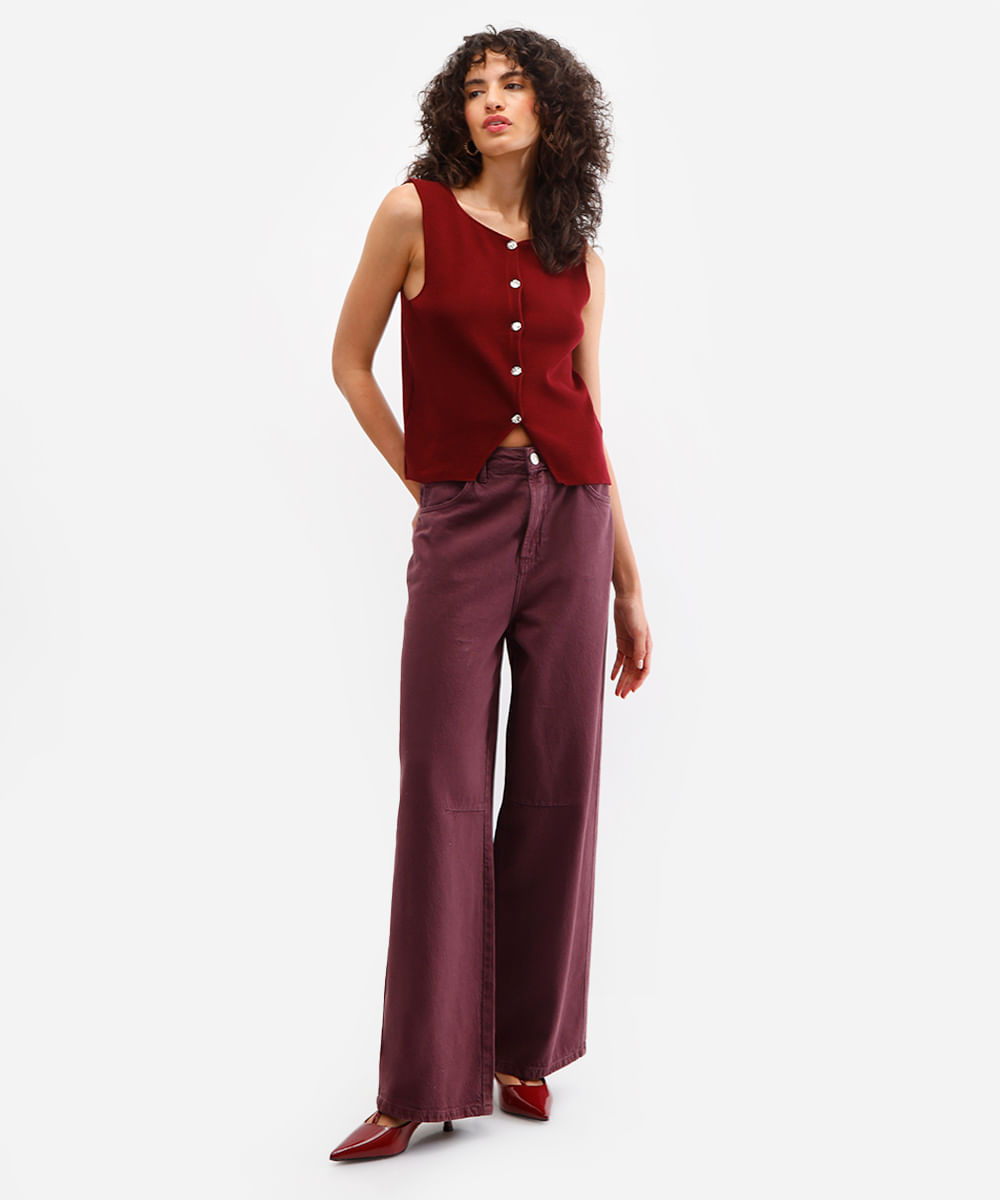 calça skater feminina de sarja cintura média vinho