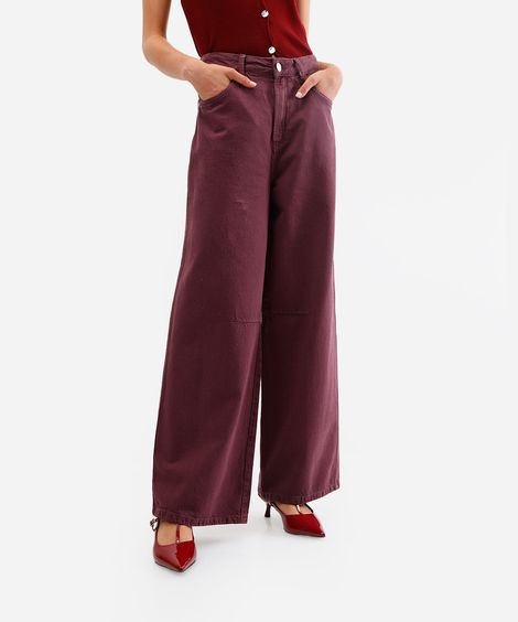 calça skater feminina de sarja cintura média vinho
