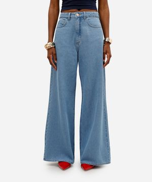 calça jeans wide leg cintura super alta azul medio