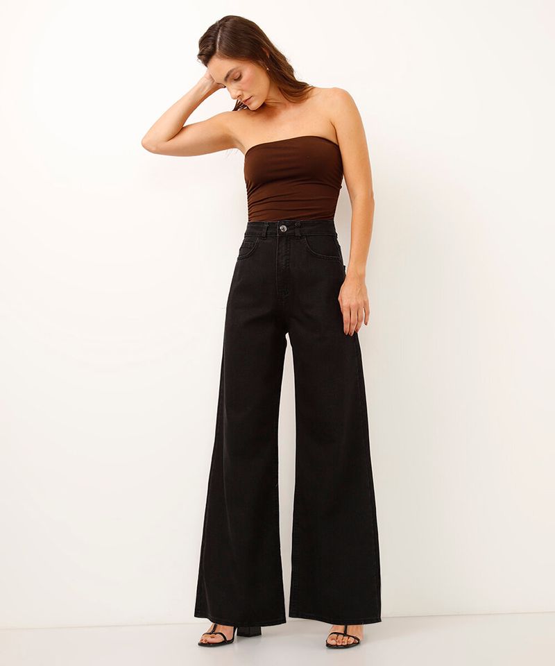 Calça jeans wide leg cintura super alta preta C&A