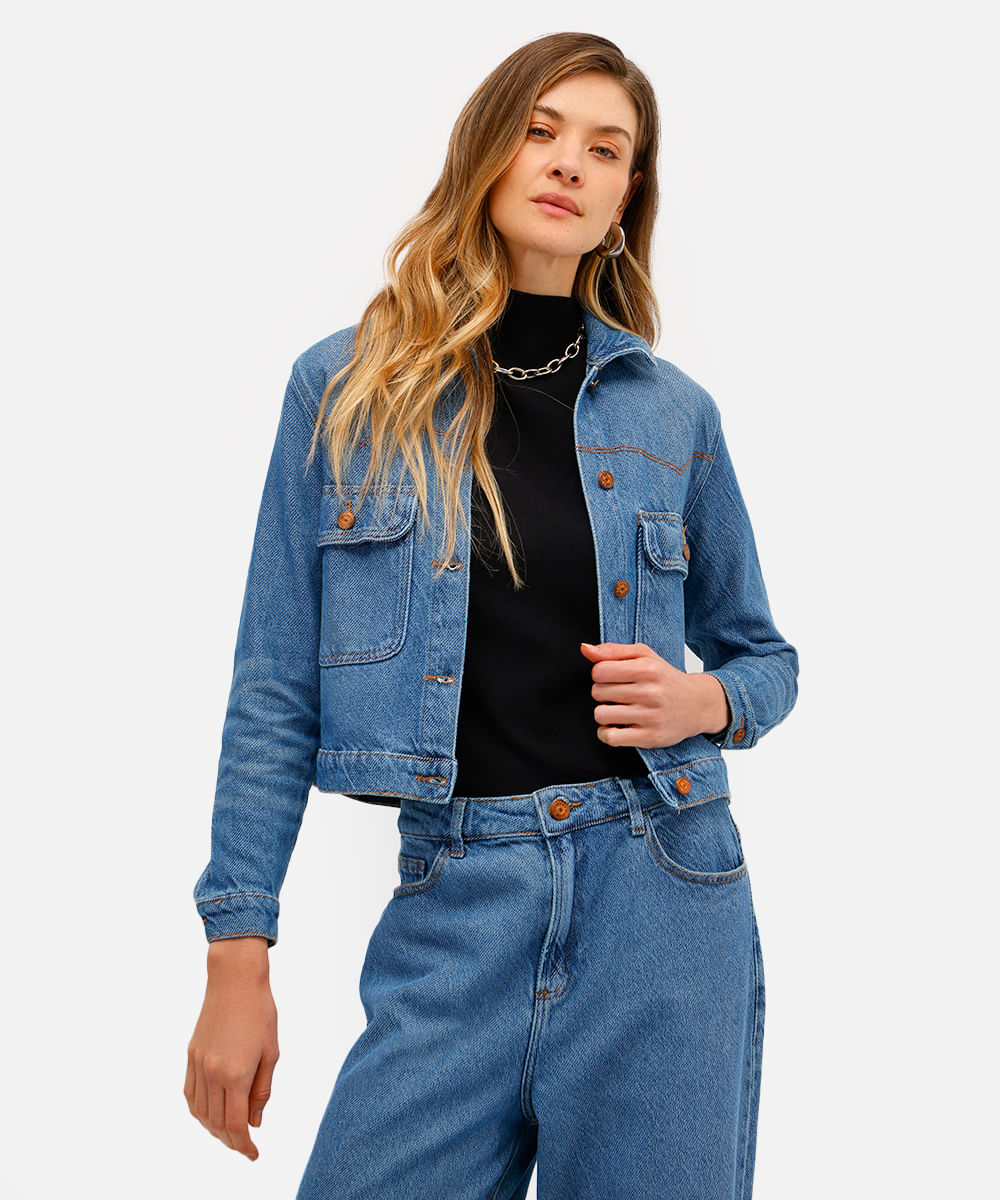 jaqueta feminina jeans texturizada azul