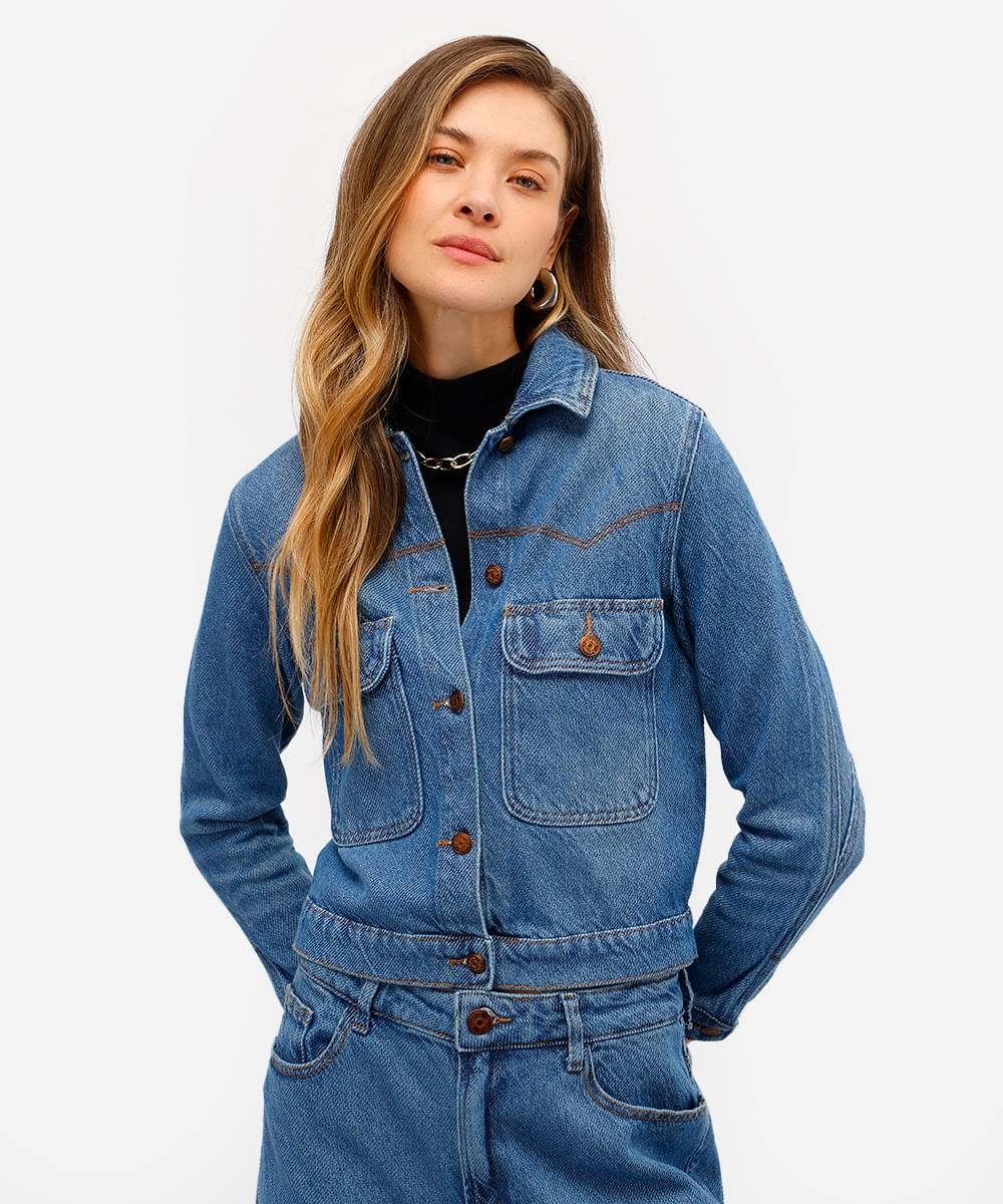 jaqueta feminina jeans texturizada azul