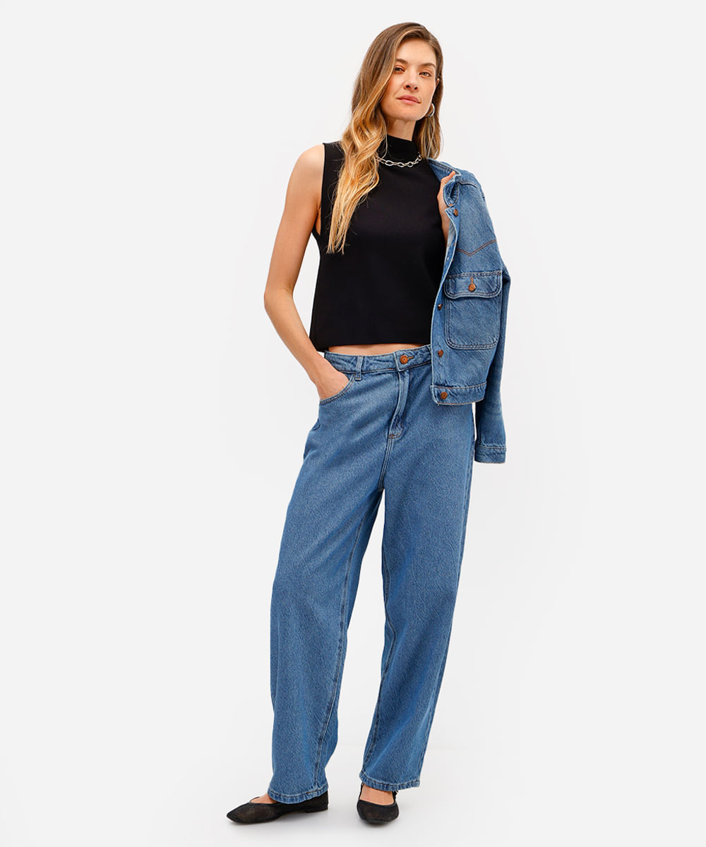 calça baggy feminina jeans texturizada azul