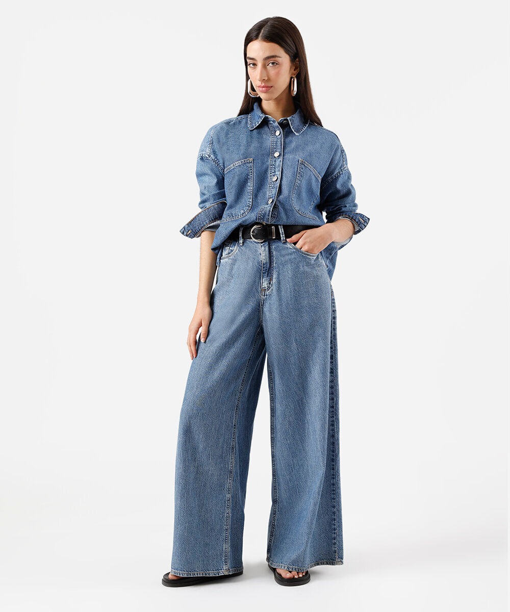calça wide leg feminina jeans maleável azul