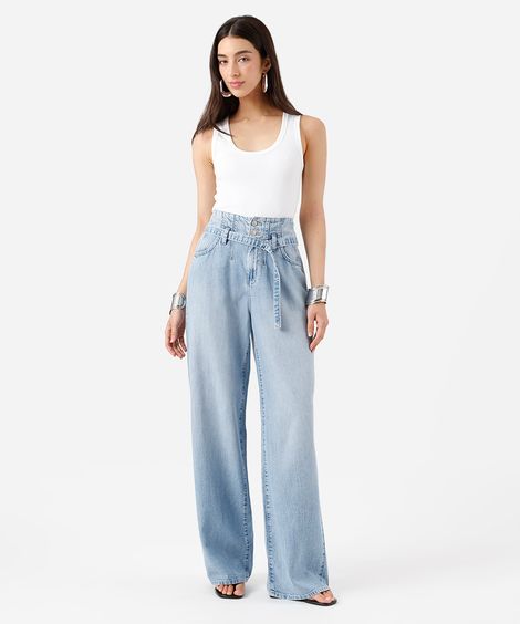 calça wide leg feminina jeans maleável com cinto azul
