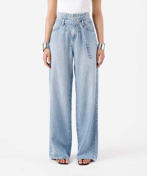 calça wide leg feminina jeans maleável com cinto azul