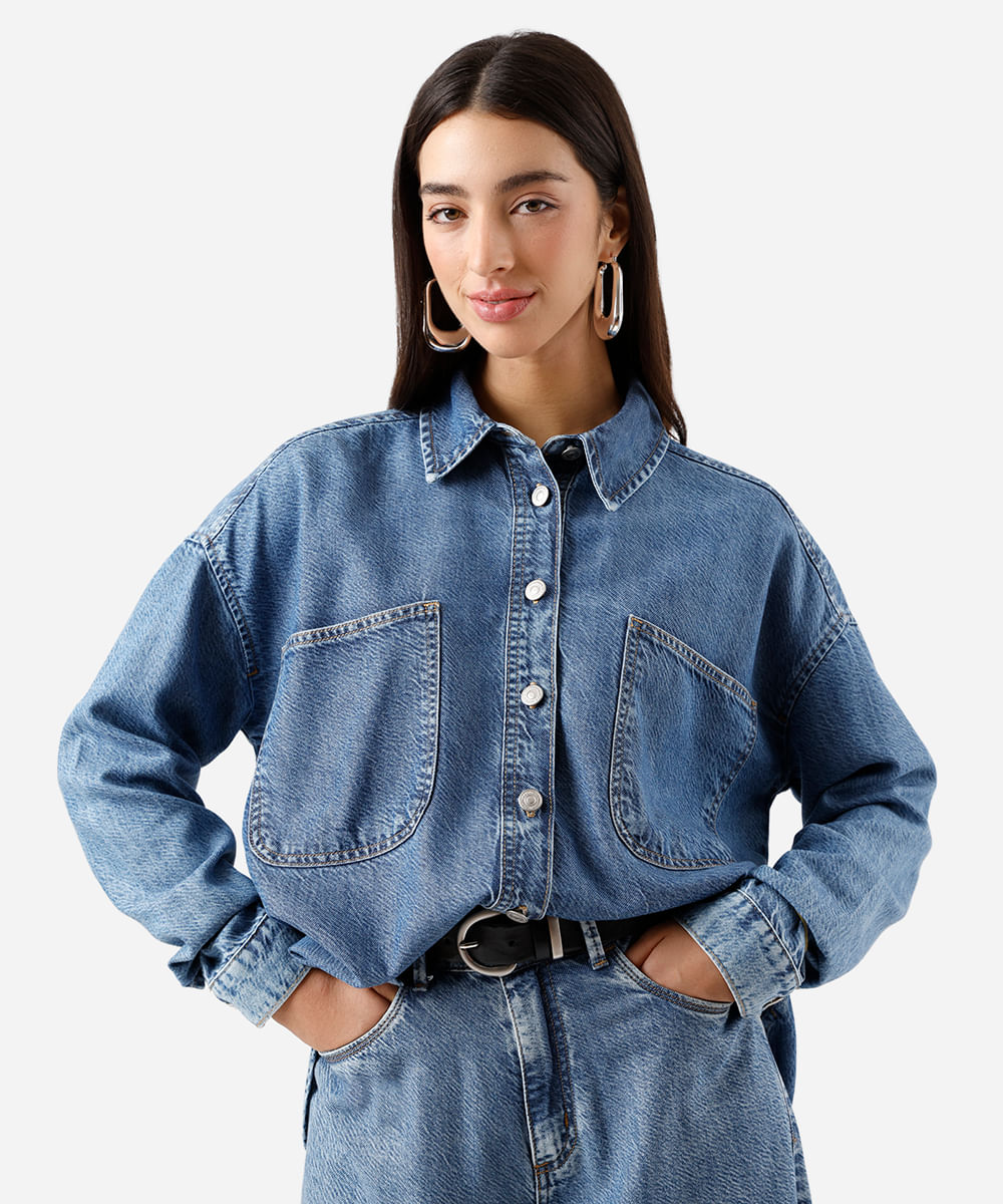 camisa feminina jeans manga longa azul