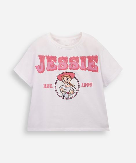 camiseta infantil de algodão jessie toy story com glitter off white