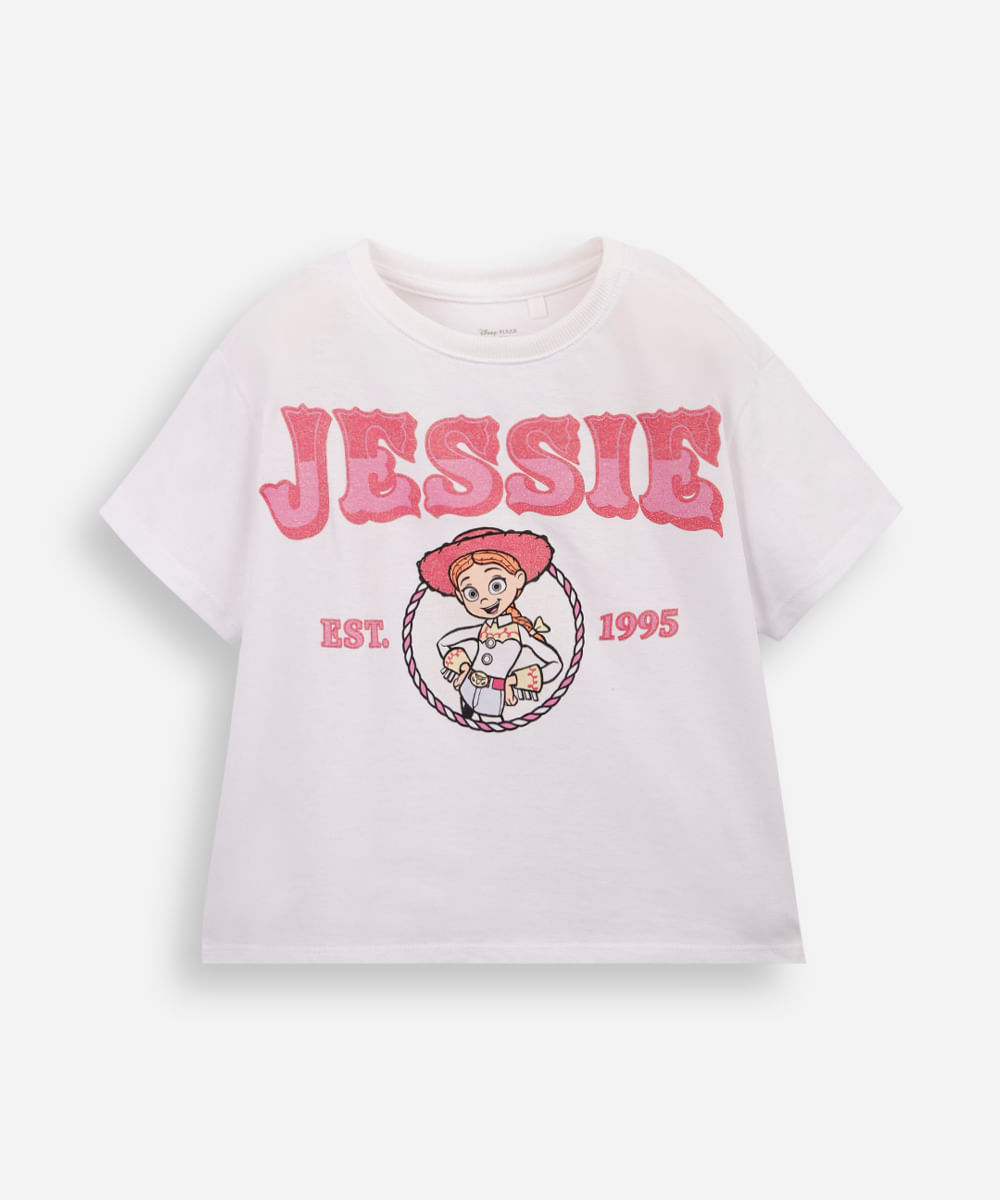 camiseta infantil de algodão jessie toy story com glitter off white
