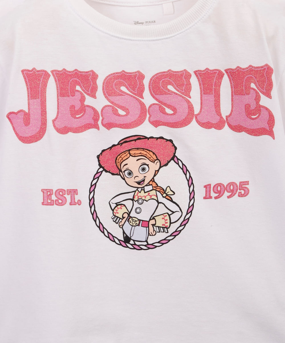 camiseta infantil de algodão jessie toy story com glitter off white