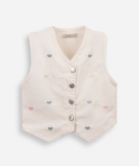 colete infantil de sarja bordado corações off white