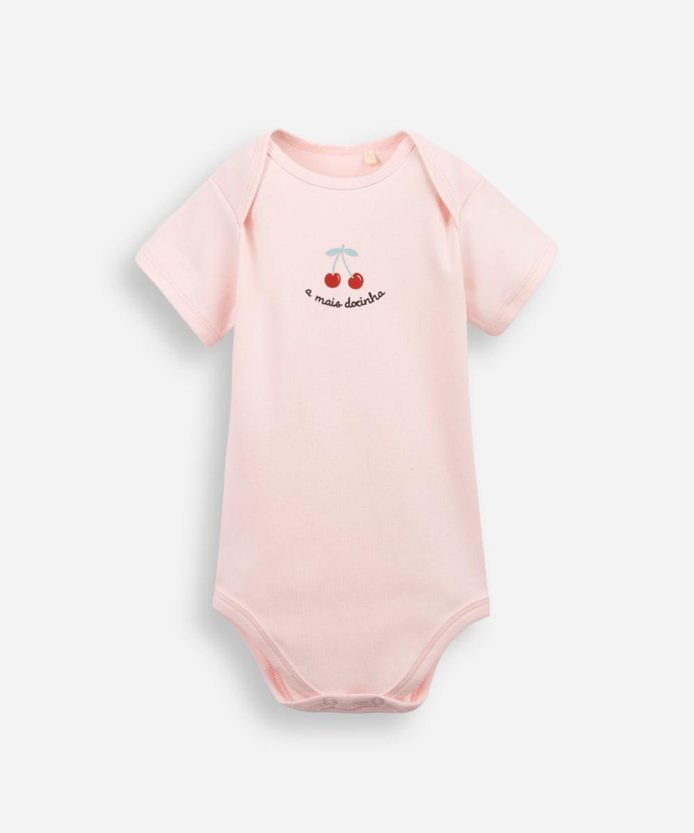 body infantil de algodão manga curta estampado rosa