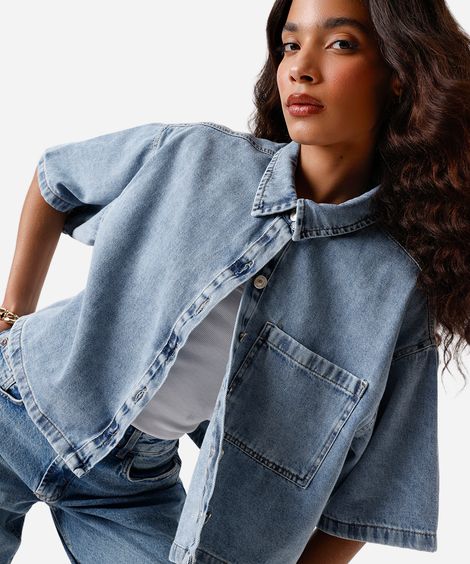 camisa feminina jeans manga curta azul