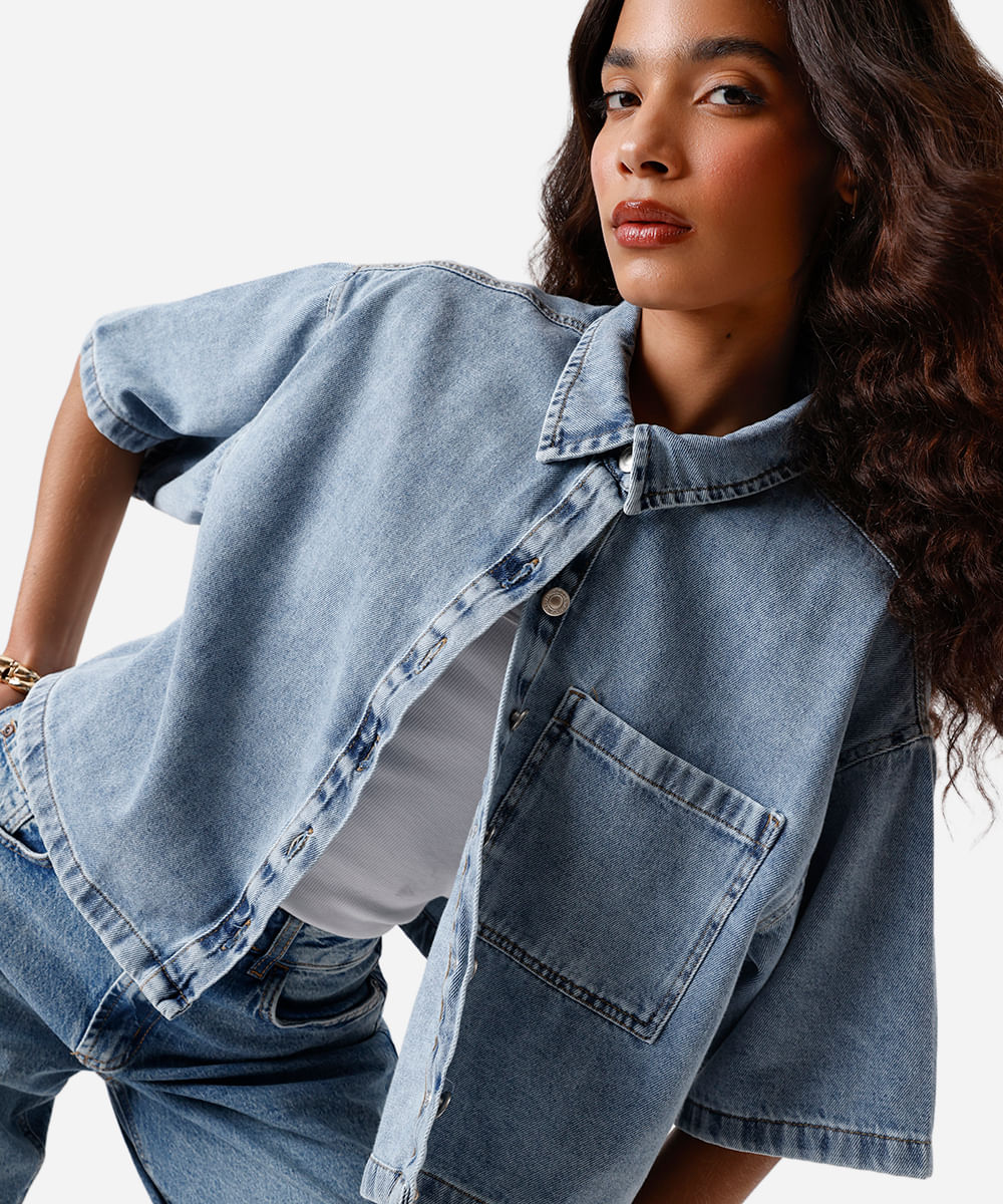 camisa feminina jeans manga curta azul