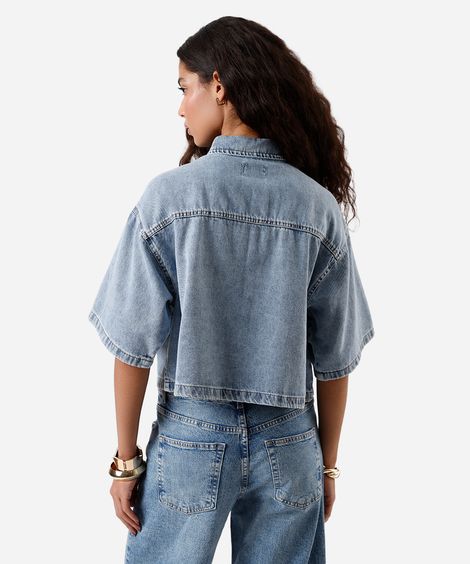 camisa feminina jeans manga curta azul