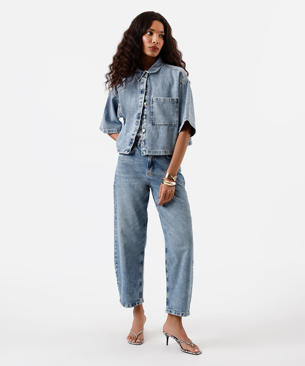 camisa feminina jeans manga curta azul