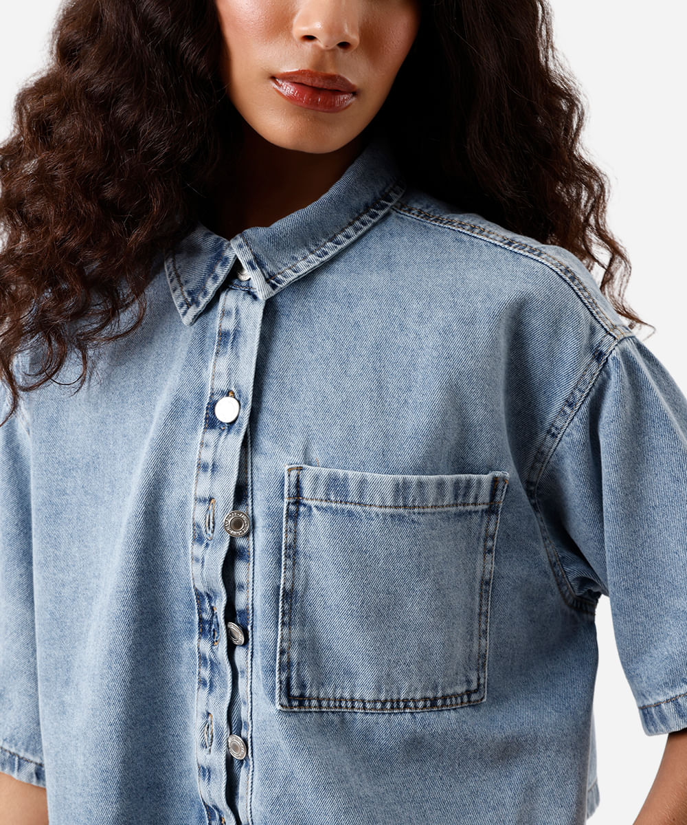 camisa feminina jeans manga curta azul