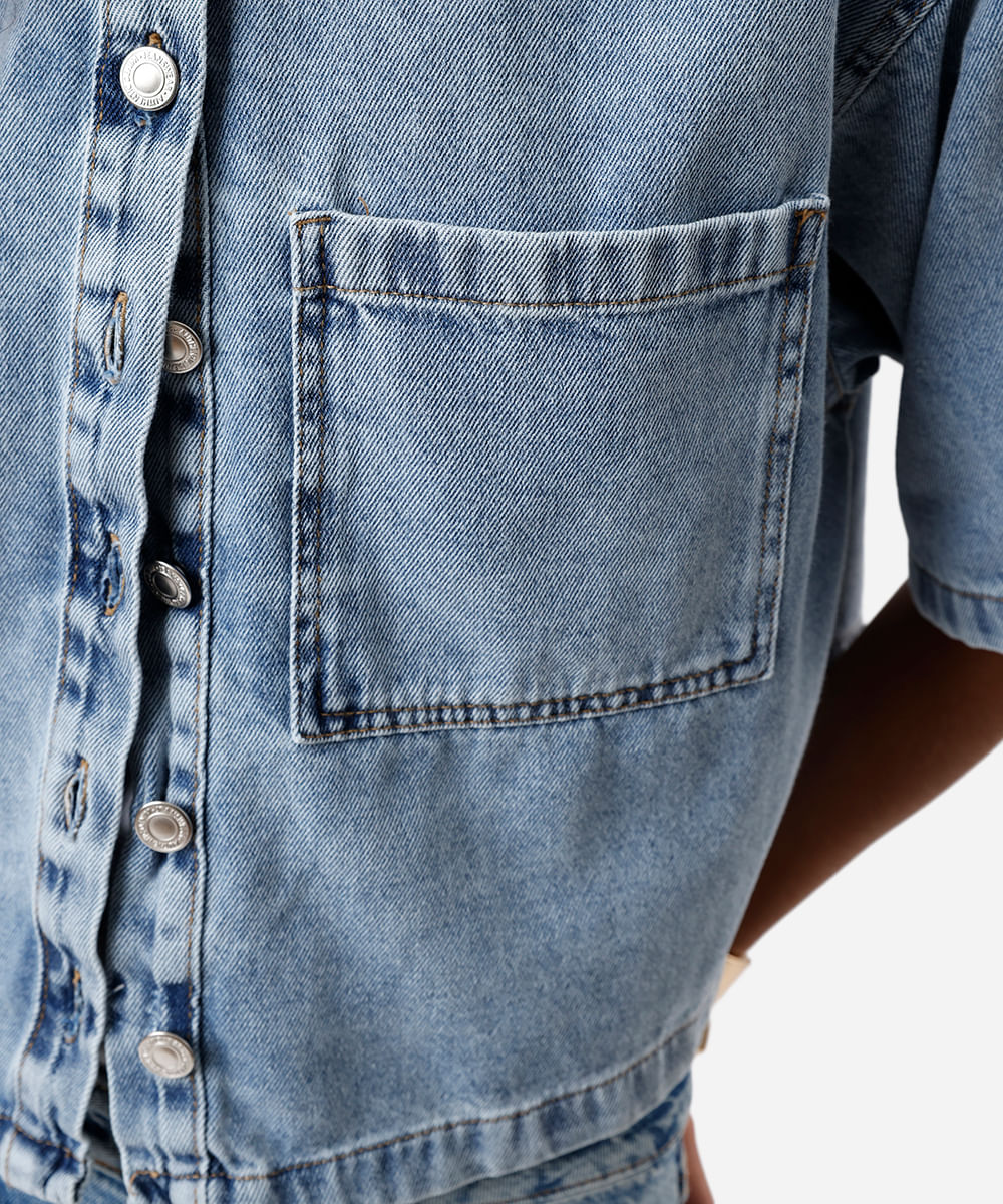 camisa feminina jeans manga curta azul