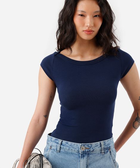 blusa feminina de algodão decote canoa azul