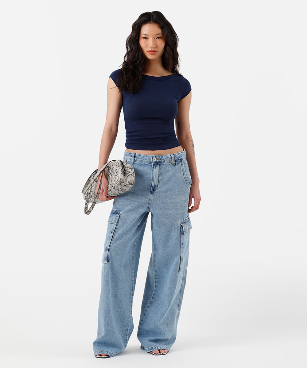 blusa feminina de algodão decote canoa azul