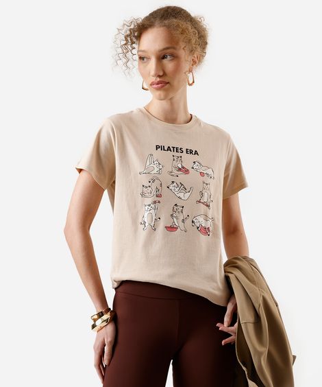 camiseta feminina de algodão gatinhos pilates bege