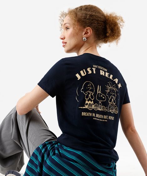camiseta feminina de algodão manga curta snoopy azul