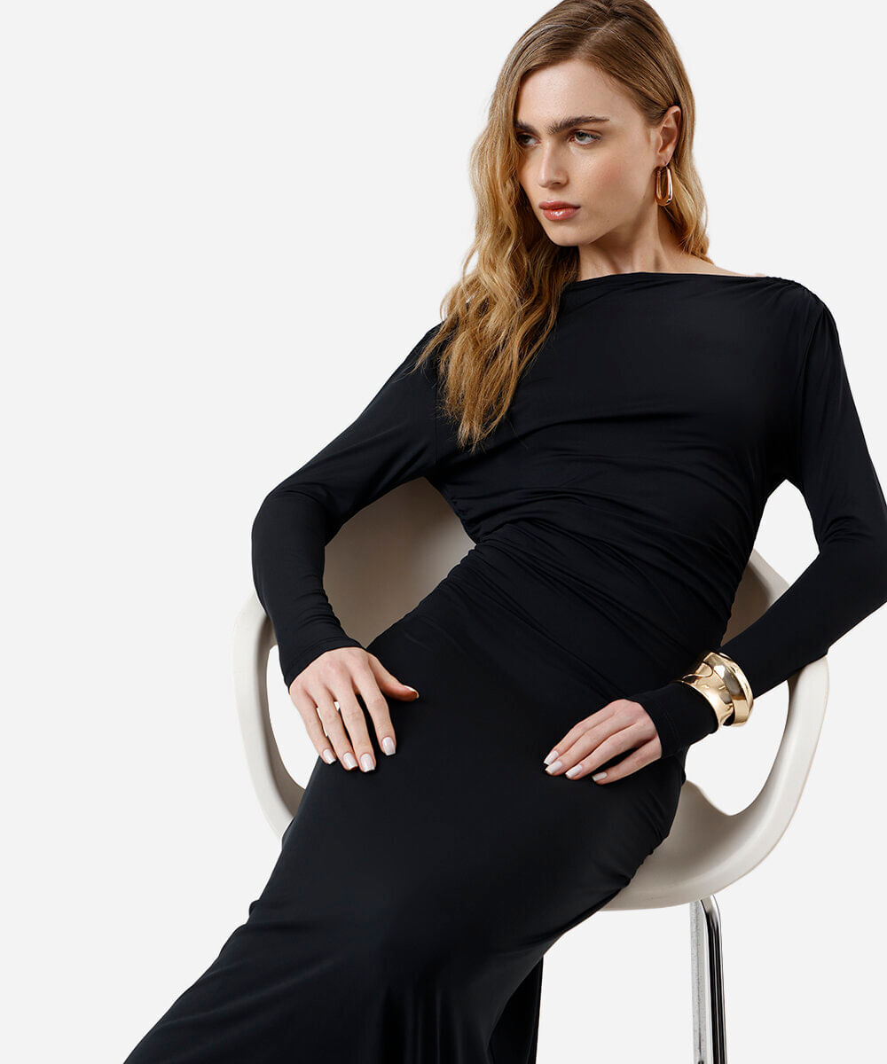vestido longo feminino manga longa decote costas preto