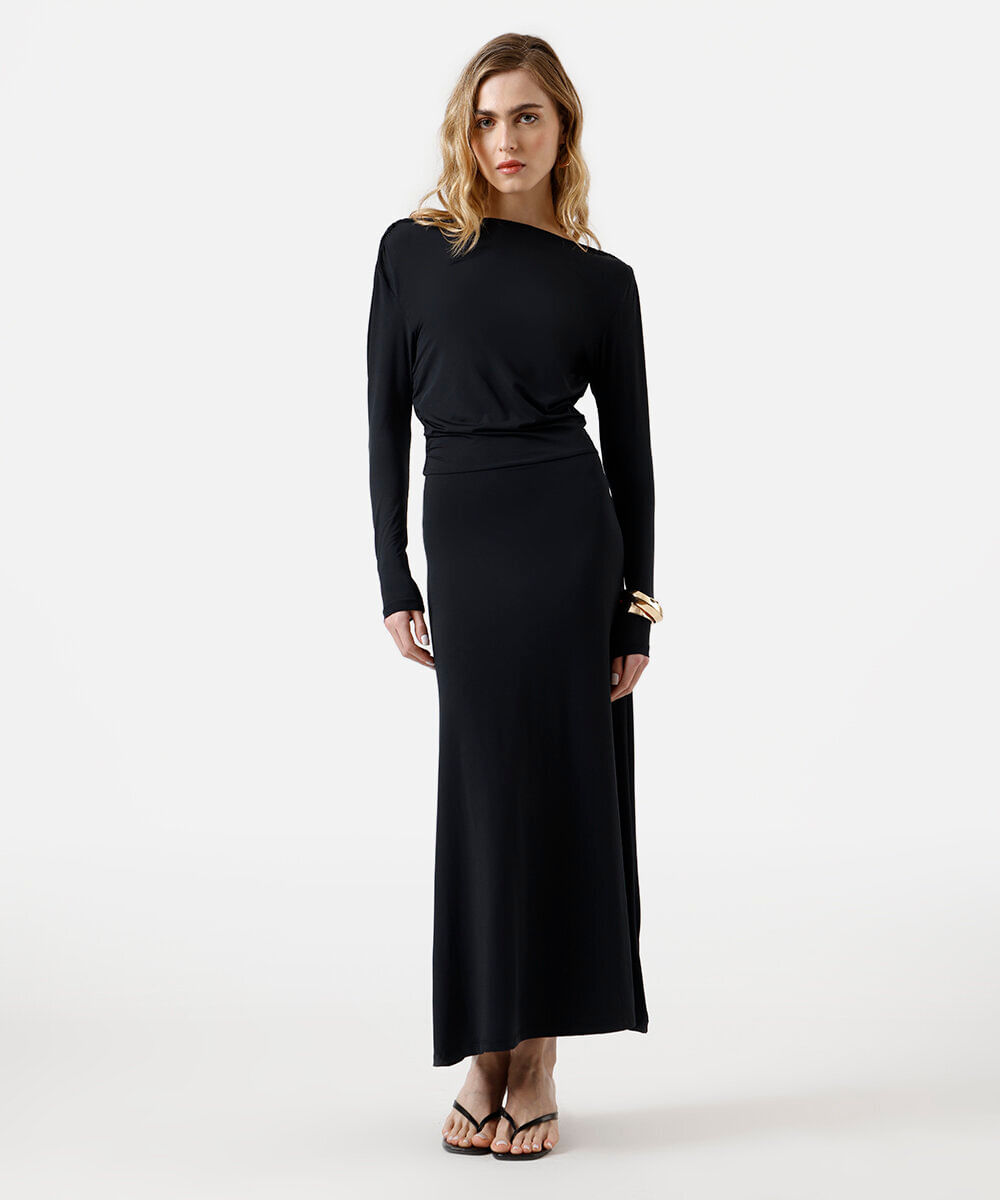 vestido longo feminino manga longa decote costas preto