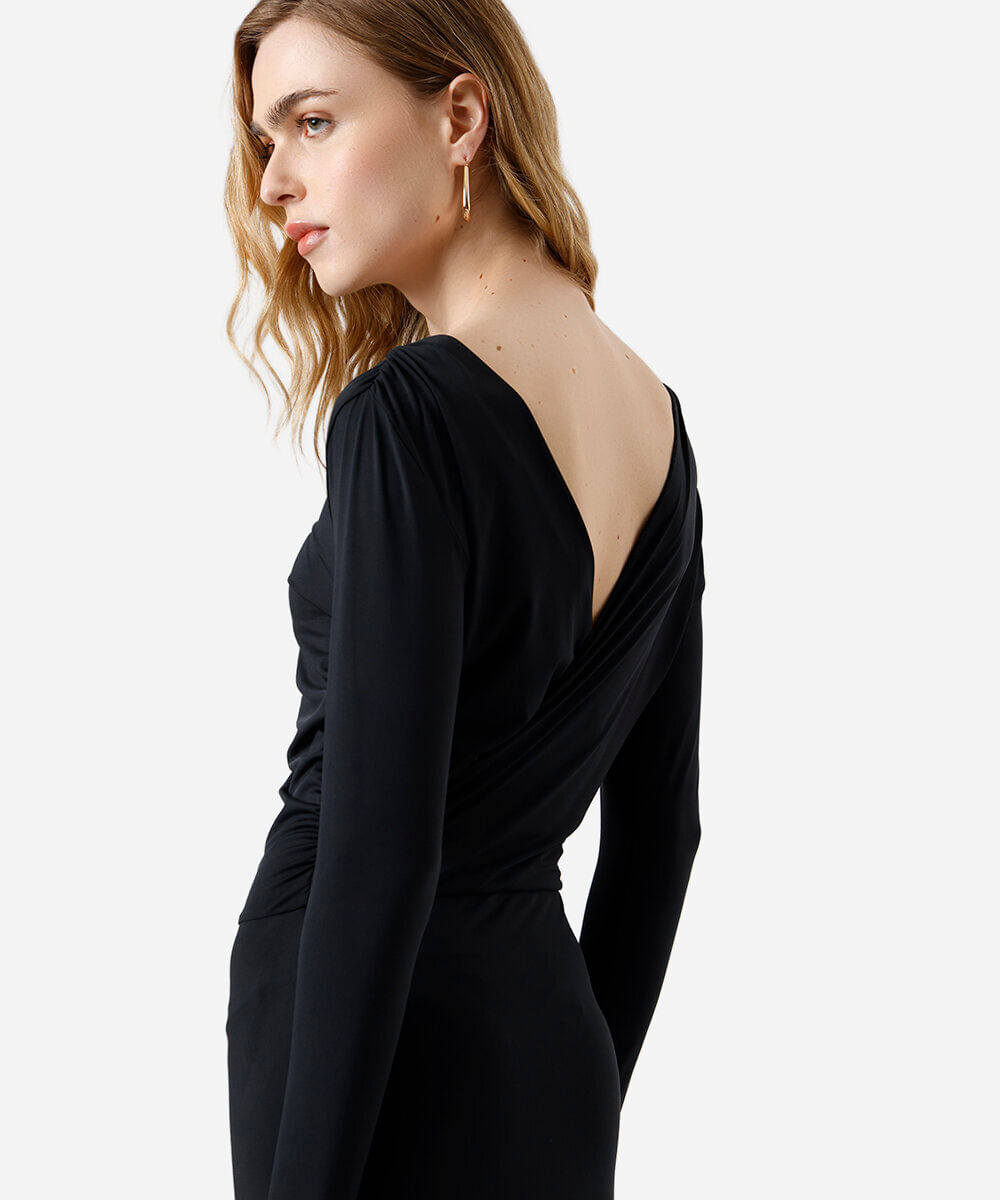 vestido longo feminino manga longa decote costas preto