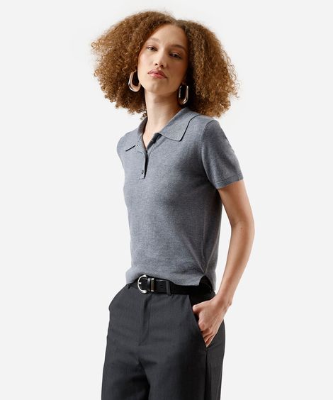polo feminina de tricot manga curta cinza