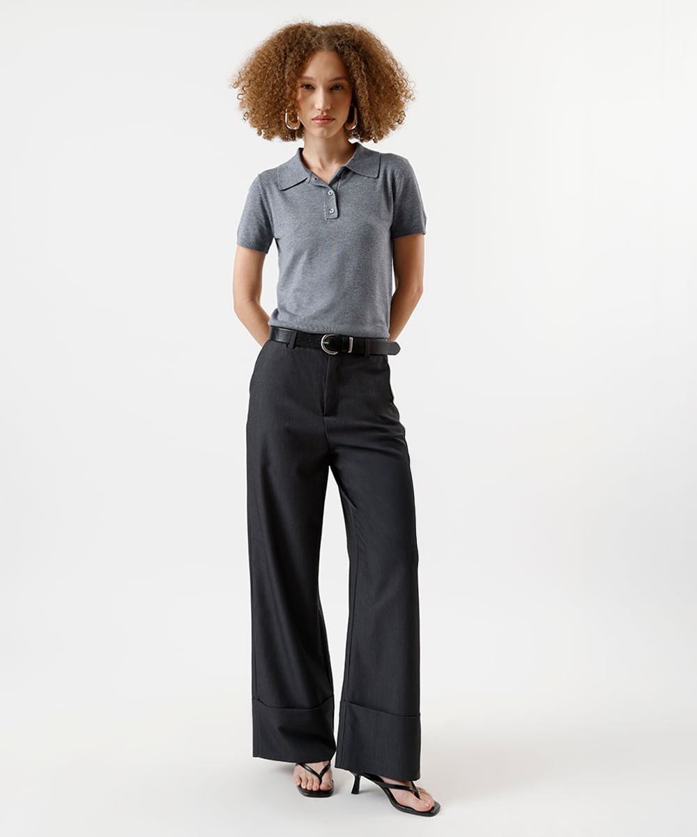 polo feminina de tricot manga curta cinza