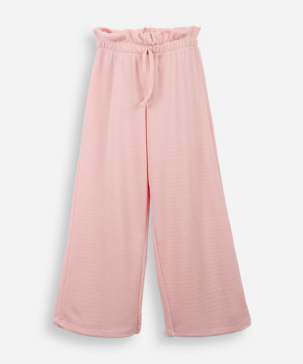 calça reta infantil cós elástico texturizada rosa