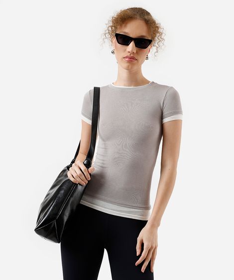 blusa baby look feminina de viscose bicolor cinza