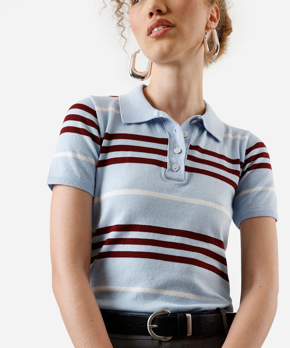 polo feminina de tricot manga curta listrada azul