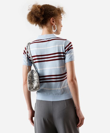 polo feminina de tricot manga curta listrada azul