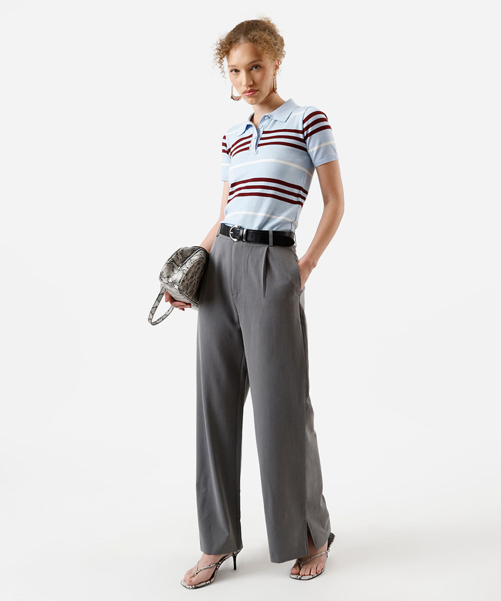 polo feminina de tricot manga curta listrada azul