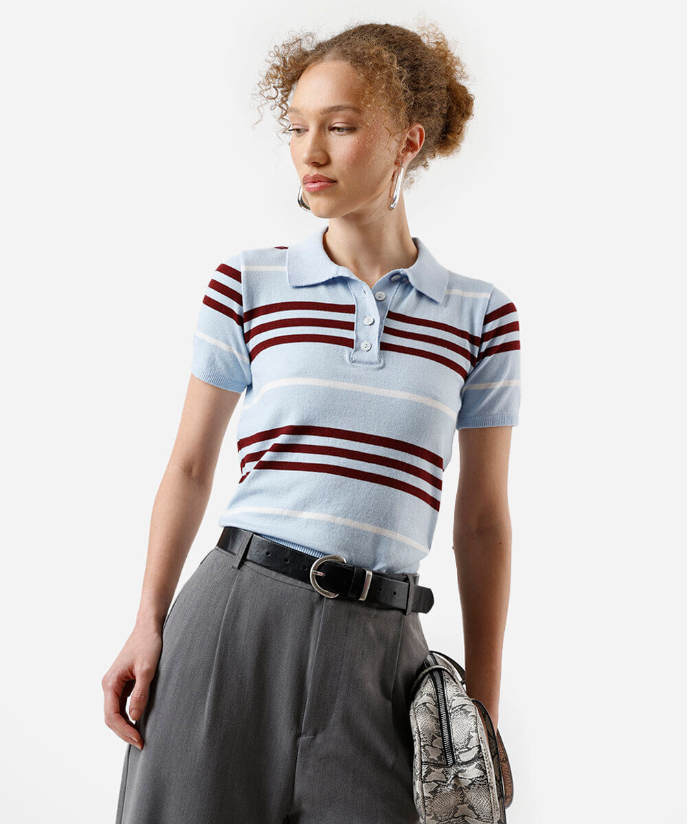 polo feminina de tricot manga curta listrada azul