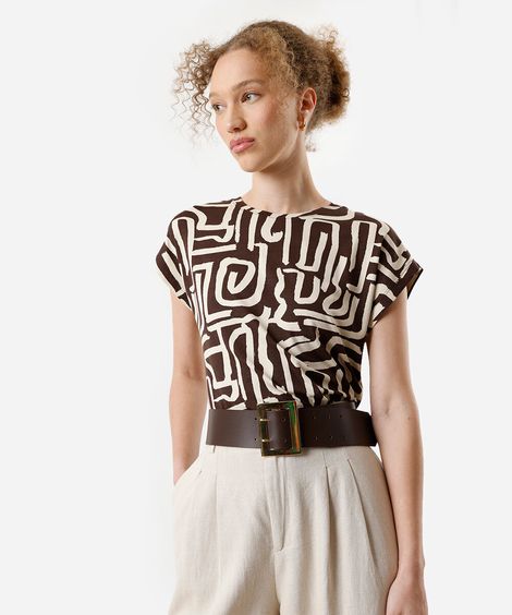 blusa feminina de viscose manga curta geométrica marrom