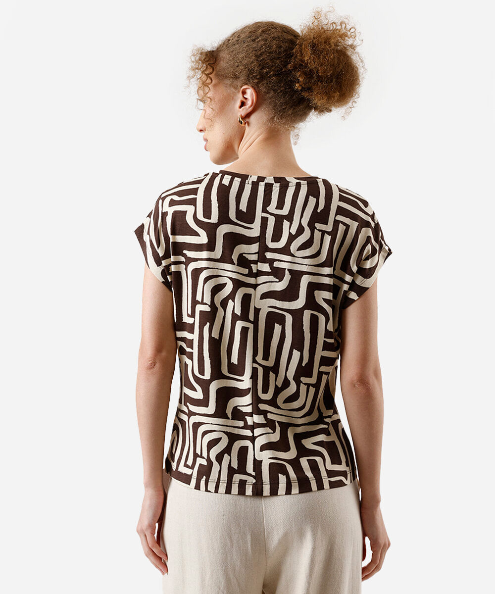 blusa feminina de viscose manga curta geométrica marrom
