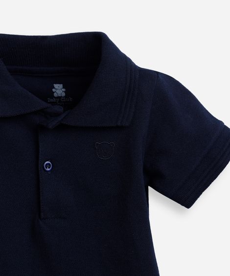 body polo infantil de algodão manga curta com bordado azul