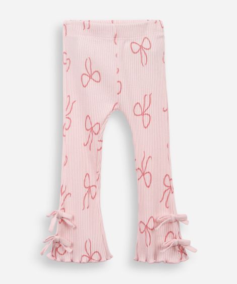 calça flare infantil de algodão com laços canelada rosa