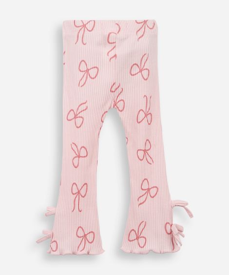 calça flare infantil de algodão com laços canelada rosa