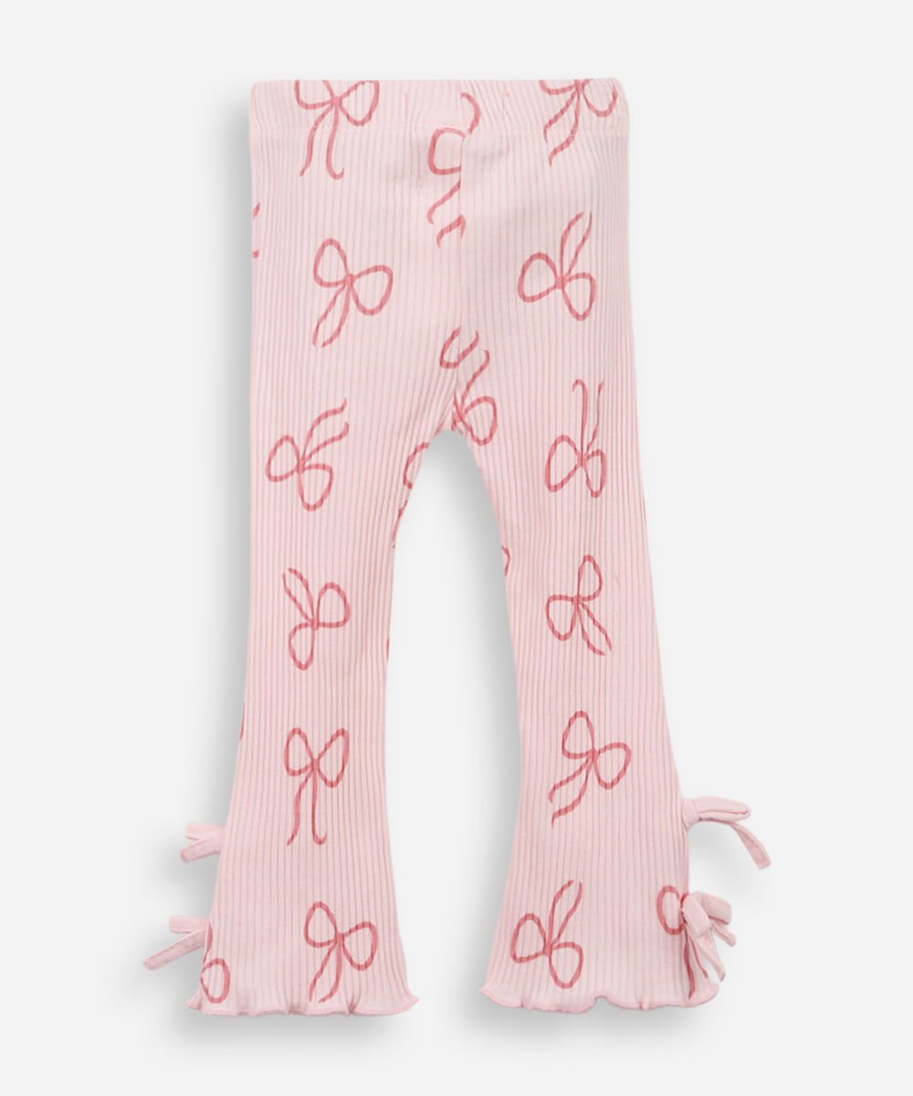 calça flare infantil de algodão com laços canelada rosa