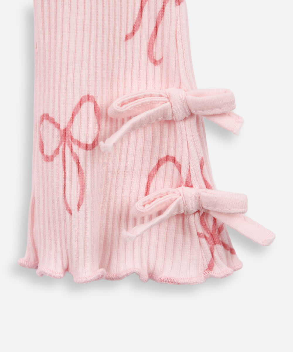 calça flare infantil de algodão com laços canelada rosa