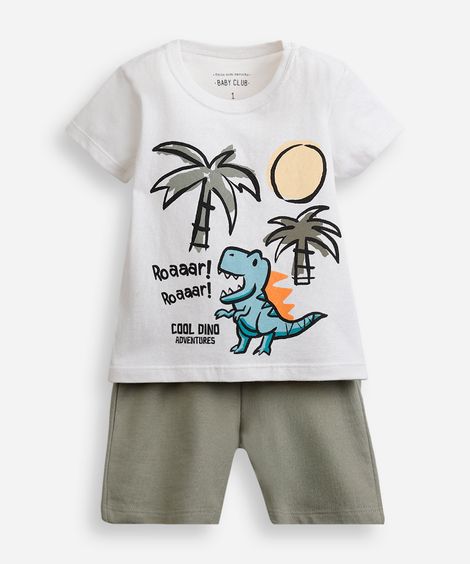 conjunto curto infantil de algodão dino off white