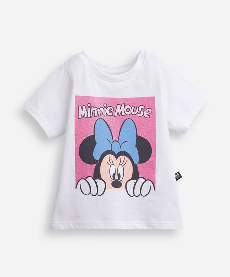 camiseta infantil de algodão minnie com glitter off white